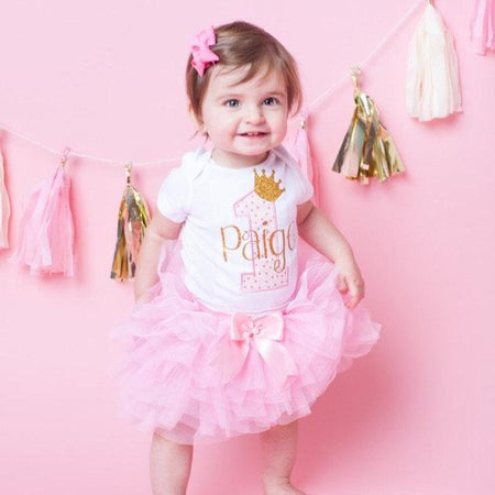 Custom First Birthday Outfit Girl in Pretty Pink and Gold 