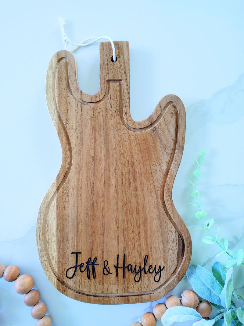 Personalized Guitar Shaped Cutting Board, Teak Wood Charcuterie Board