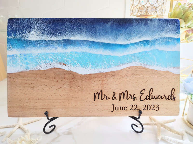 Personalized Blue Ocean Resin Cutting Board Charcuterie Serving Board Serving Tray, Beach Wedding Anniversary Gift