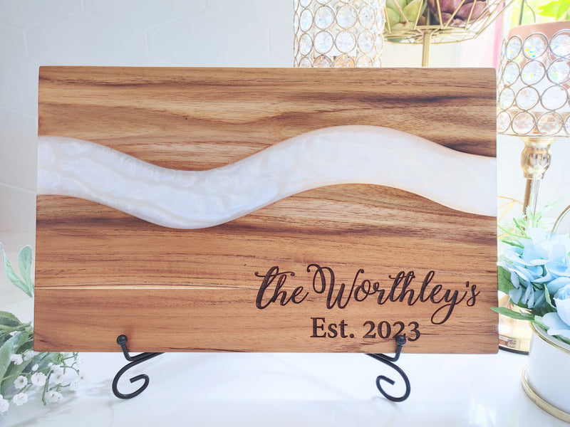 Personalized Teakwood CheeseBoard with Food Safe Colored Resin, Wedding Anniversary Birthday Bridal Christmas Gifts