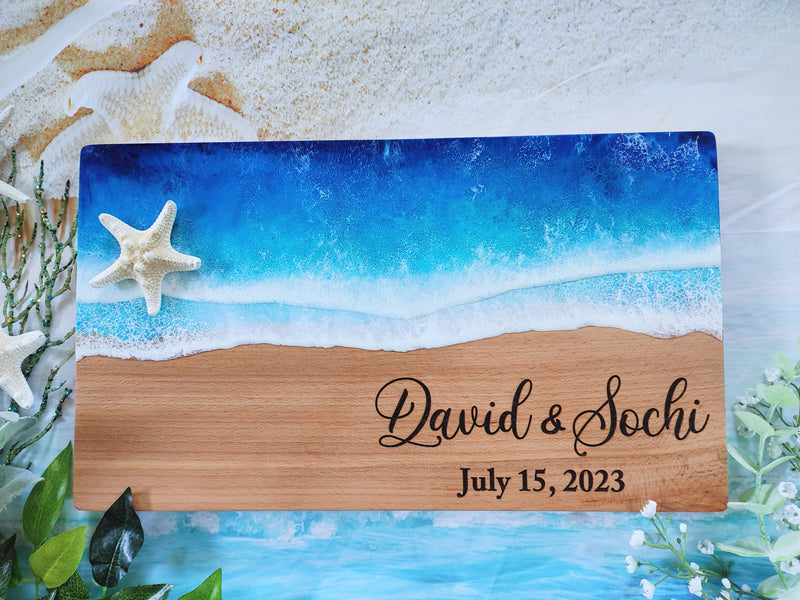 Personalized Blue Ocean Resin Cutting Board Charcuterie Serving Board Serving Tray, Beach Wedding Anniversary Gift