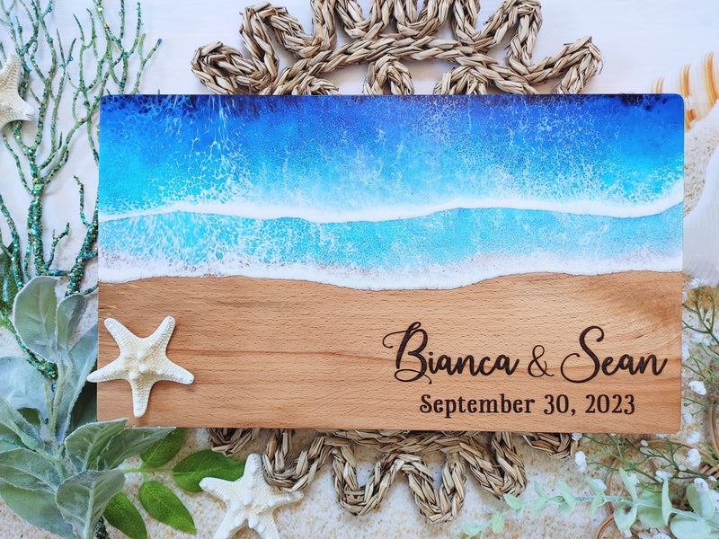 Personalized Blue Ocean Resin Cutting Board Charcuterie Serving Board Serving Tray, Beach Wedding Anniversary Gift