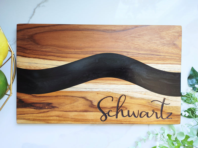 Personalized Teakwood CheeseBoard with Food Safe Colored Resin, Wedding Anniversary Birthday Bridal Christmas Gifts