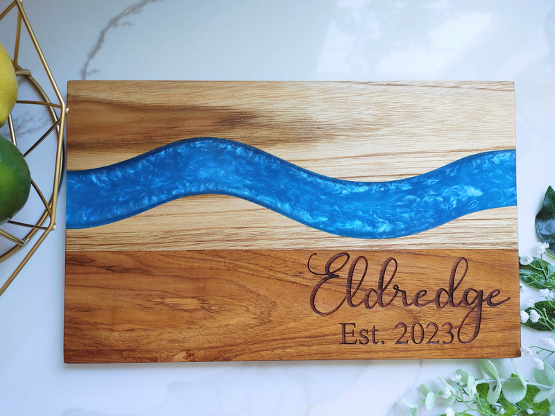 Personalized Teakwood CheeseBoard with Food Safe Colored Resin, Wedding Anniversary Birthday Bridal Christmas Gifts