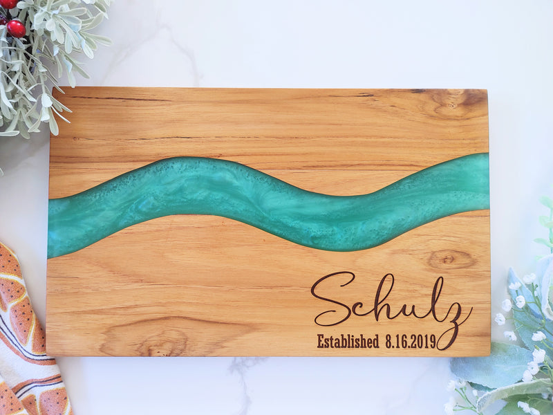 Personalized Teakwood CheeseBoard with Food Safe Colored Resin, Wedding Anniversary Birthday Bridal Christmas Gifts