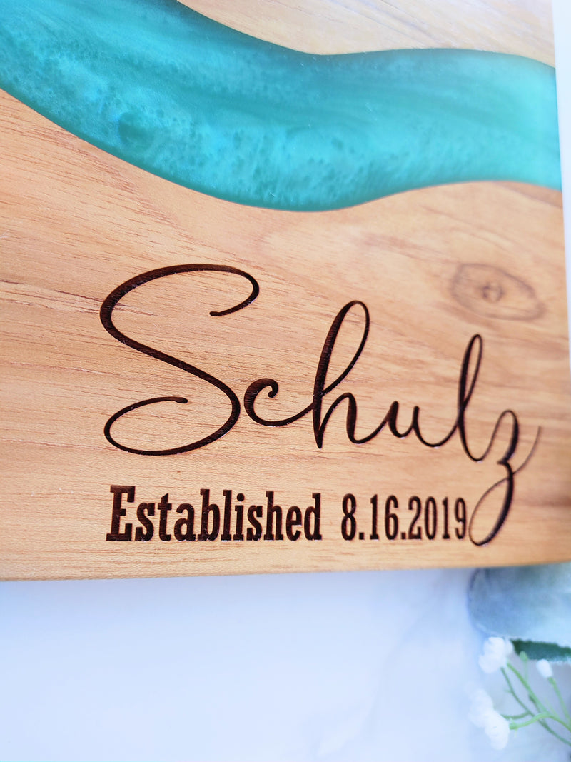 Personalized Teakwood CheeseBoard with Food Safe Colored Resin, Wedding Anniversary Birthday Bridal Christmas Gifts