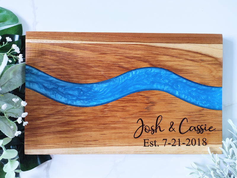 Personalized Teakwood CheeseBoard with Food Safe Colored Resin, Wedding Anniversary Birthday Bridal Christmas Gifts