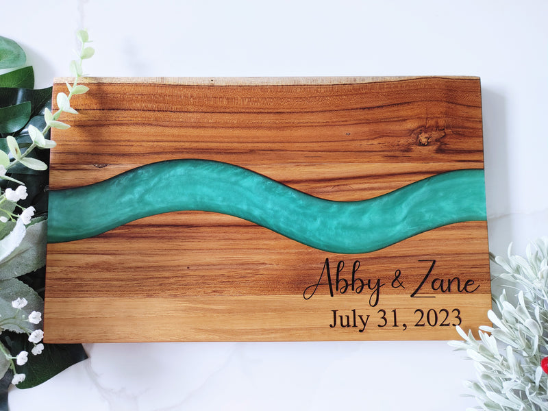 Personalized Teakwood CheeseBoard with Food Safe Colored Resin, Wedding Anniversary Birthday Bridal Christmas Gifts