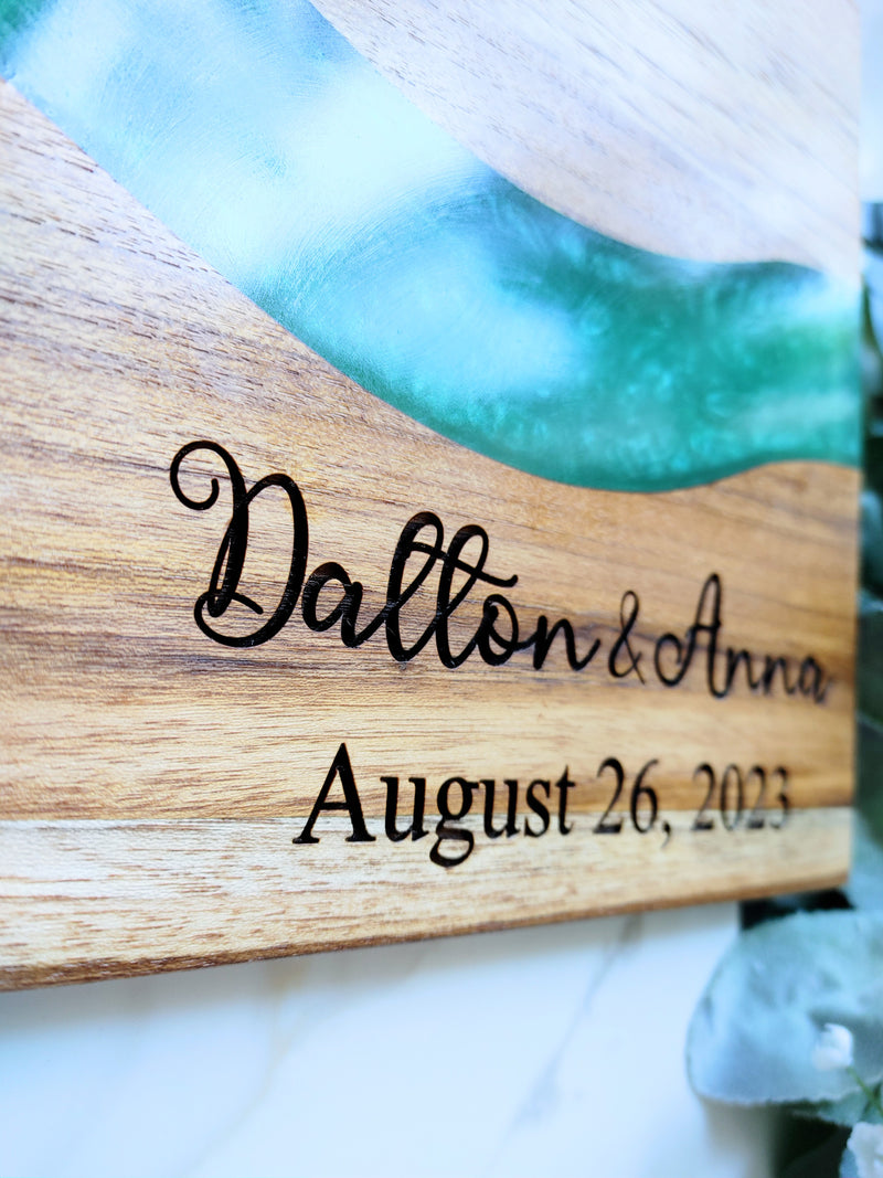 Personalized Teakwood CheeseBoard with Food Safe Colored Resin, Wedding Anniversary Birthday Bridal Christmas Gifts