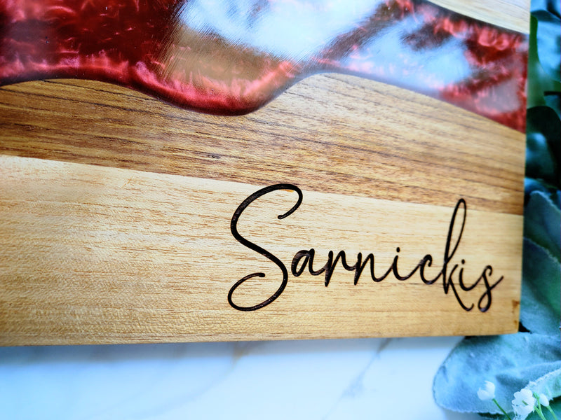 Personalized Teakwood CheeseBoard with Food Safe Colored Resin, Wedding Anniversary Birthday Bridal Christmas Gifts