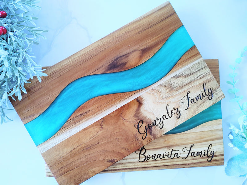 Personalized Teakwood CheeseBoard with Food Safe Colored Resin, Wedding Anniversary Birthday Bridal Christmas Gifts