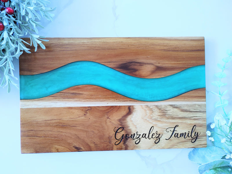 Personalized Teakwood CheeseBoard with Food Safe Colored Resin, Wedding Anniversary Birthday Bridal Christmas Gifts