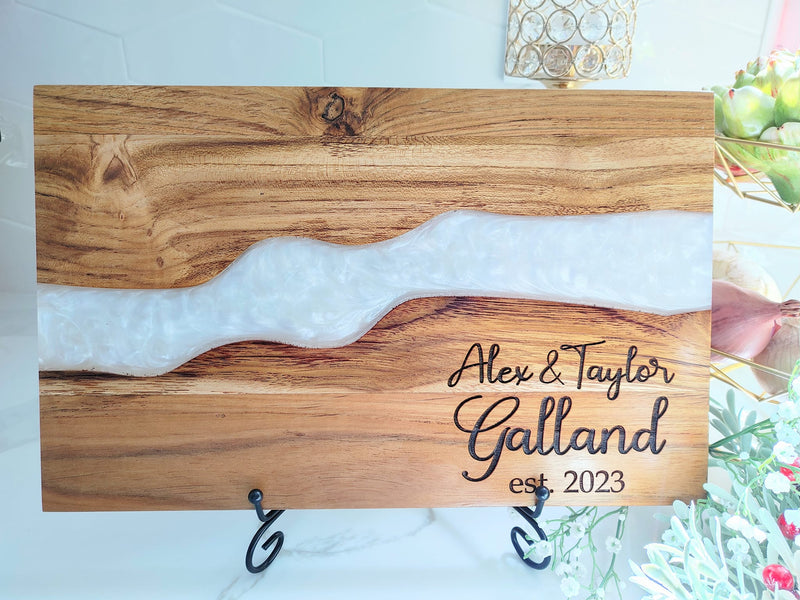 Personalized Teakwood CheeseBoard with Food Safe Colored Resin, Wedding Anniversary Birthday Bridal Christmas Gifts