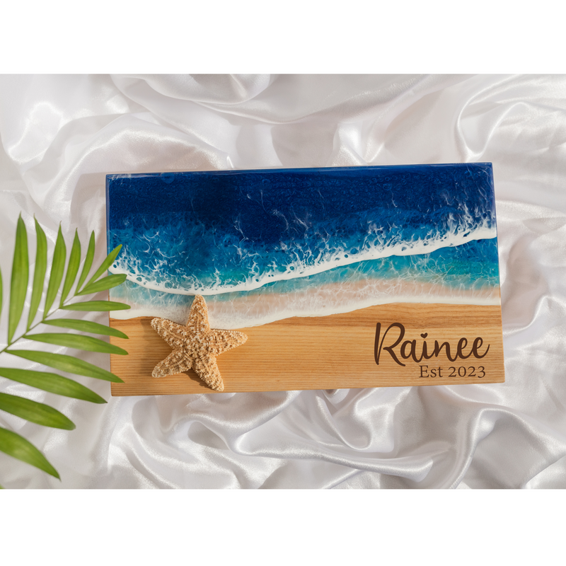 Personalized Blue Ocean Resin Cutting Board Charcuterie Serving Board Serving Tray, Beach Wedding Anniversary Gift