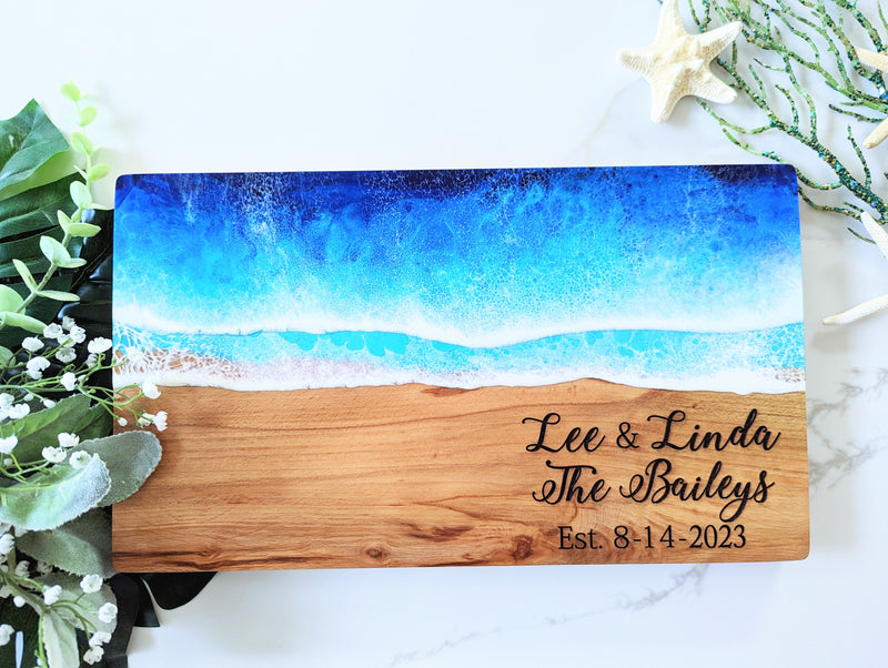 Personalized Blue Ocean Resin Cutting Board Charcuterie Serving Board Serving Tray, Beach Wedding Anniversary Gift