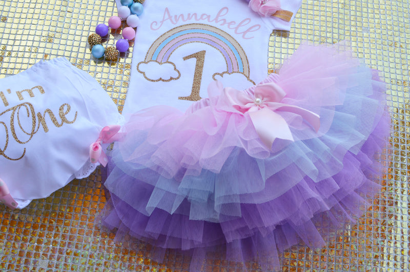 Personalized Gold One Pastel Rainbow Outfit