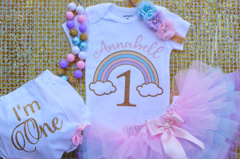 Personalized Gold One Pastel Rainbow Outfit