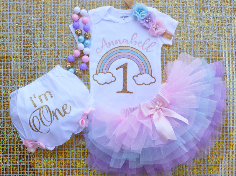 Personalized Gold One Pastel Rainbow Outfit