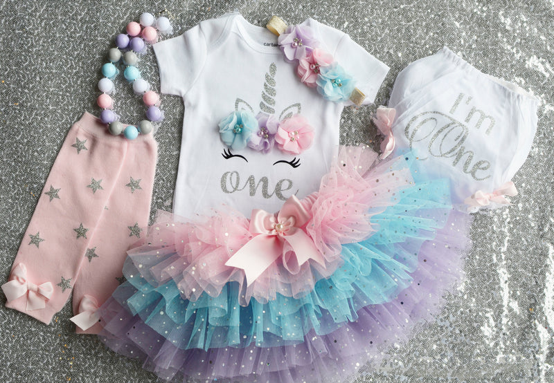 Unicorn One Pastel Rainbow Silver Sparkle Outfit