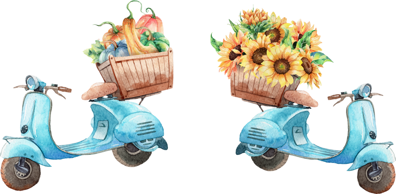 Flowers and Pumpkins in Blue Scooter PNG Clipart