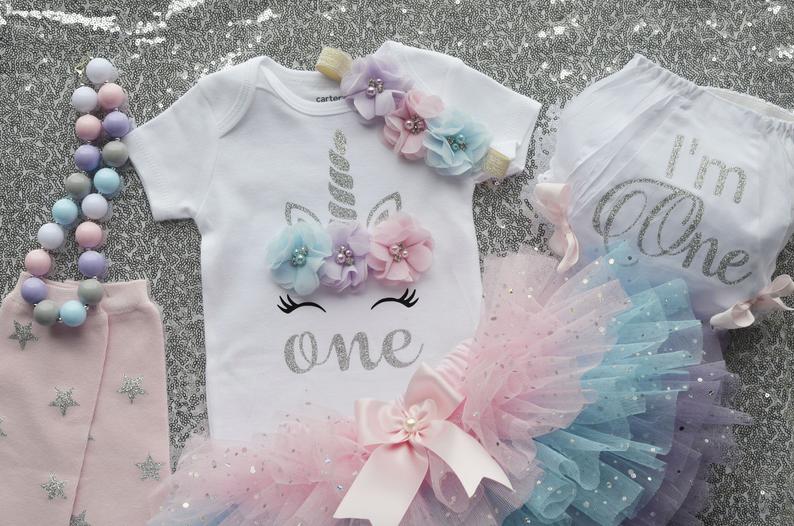 Unicorn One Pastel Rainbow Silver Sparkle Outfit