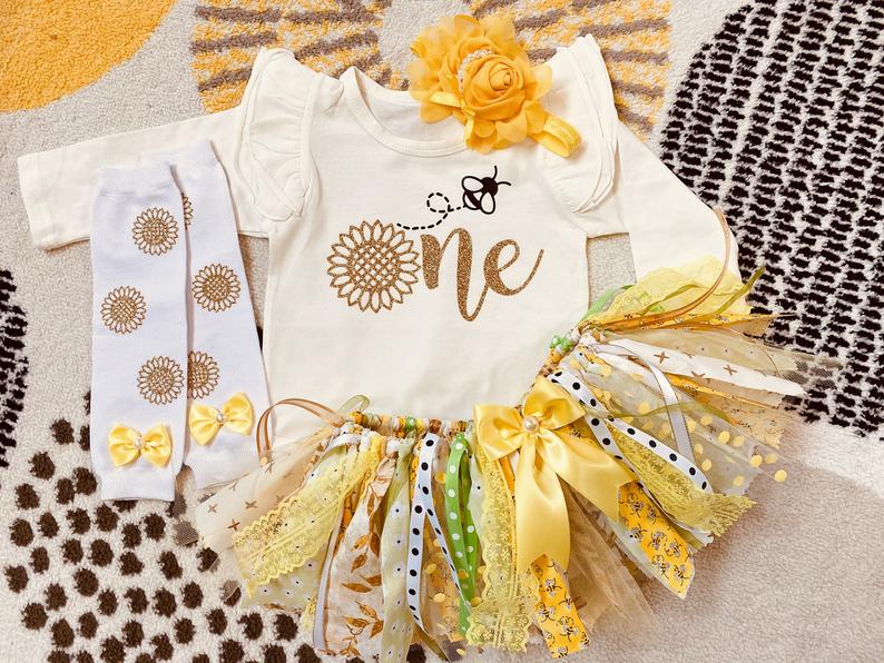 Sunflower Bee First Birthday Outfit