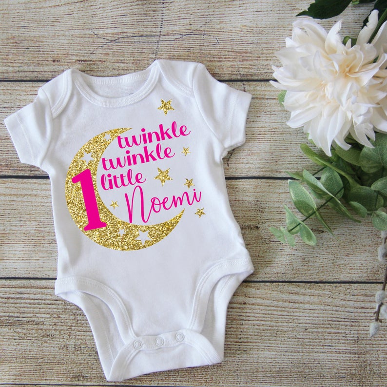 Twinkle Twinkle Little Star Personalized First Birthday Shirt - Gold Fuchsia Pink