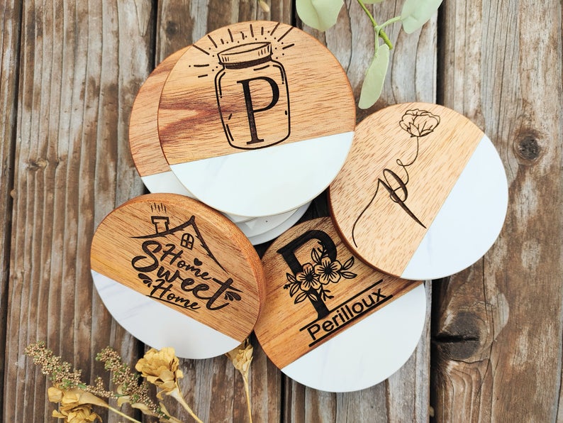 Personalized Wood and Marble Coasters Gift