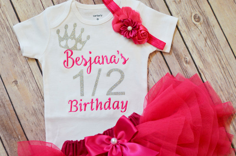 Half Birthday Girl Hot Pink Silver Outfit | Personalized