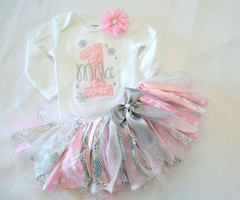 Winter Onederland Pink Silver Fabric Tutu Outfit | Personalized